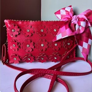 RED FLORAL Appliqué Crossbody Bag with Scarf